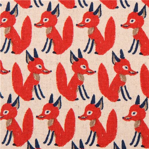Toile coloris naturel avec des renards, série animaux, importée du Japon Tissu