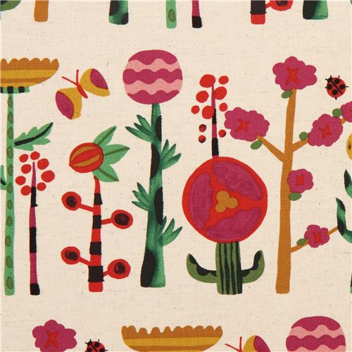 Toile Kokka naturel avec des fleurs et des coccinelles Tissu