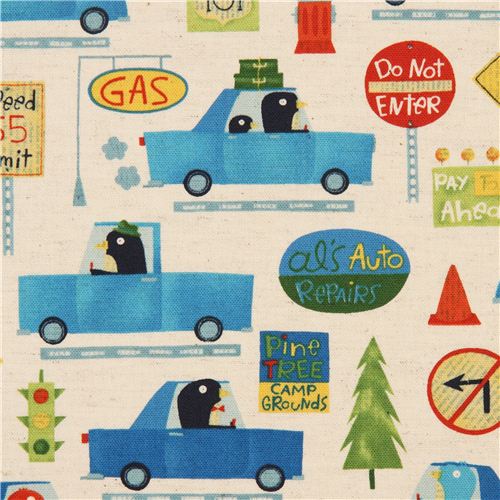natural-coloured canvas Kokka fabric penguins in car Fabric