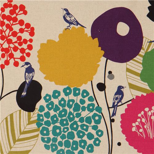 Tissu enduit lamin Echino naturel, oiseaux fleurs sauvages Tissu