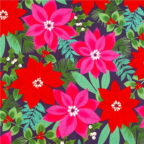 navy US fabric with large red and pink poinsettia blooms Alexander Henry Fabric