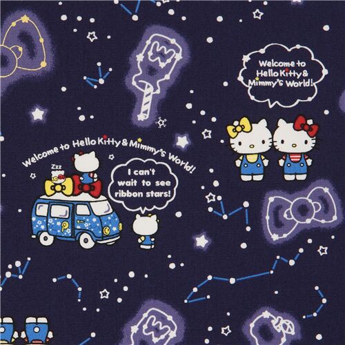 navy blue Hello Kitty space oxford fabric with stars and constellations Fabric