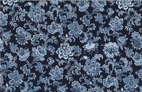 Fat Quarter (50 x 56 cm) - Tela azul marino con flores estilo bordado jacobino de Michael Miller 2