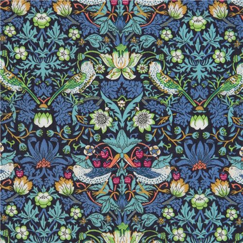 Tissu en coton Liberty Fabrics Tana Lawn marine avec des oiseaux et des fleurs Tissu