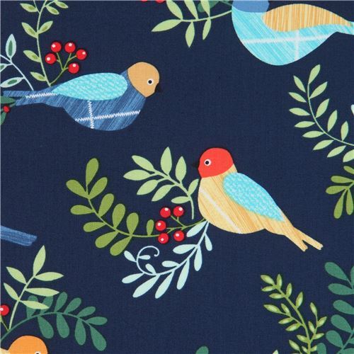 Chutes de tissu de (48 x 112 cm) - Tissu Michael Miller bleu marine avec des oiseaux