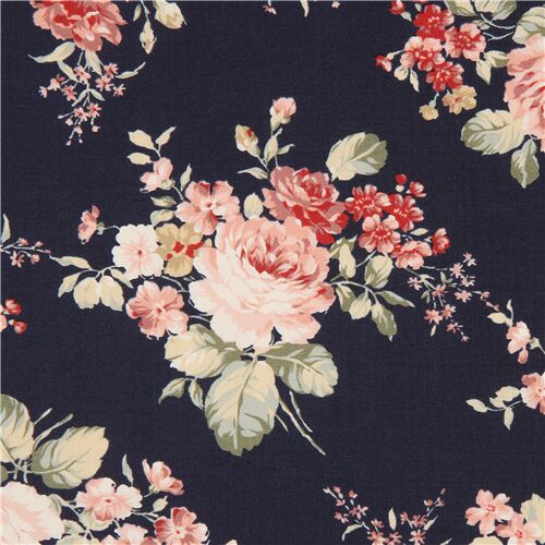 navy blue Nakamura fabric with roses from Japan Fabric