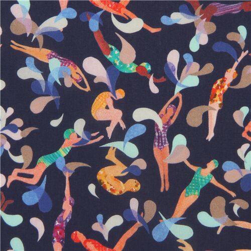 navy blue Tana Lawn cotton fabric with swimmers by Liberty Fabric