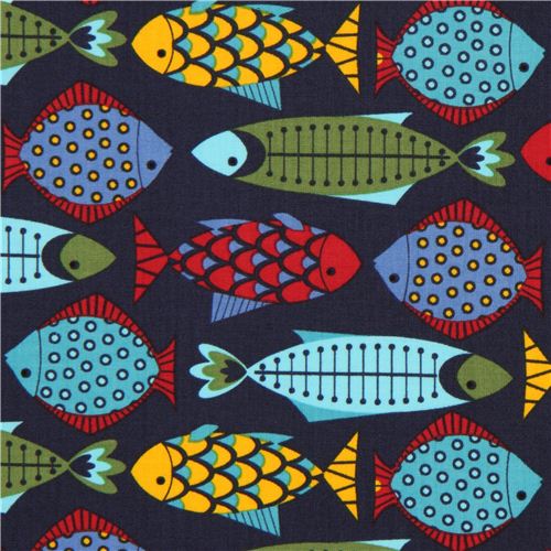 Tissu Timeless Treasures bleu marine, poissons multicolores Tissu