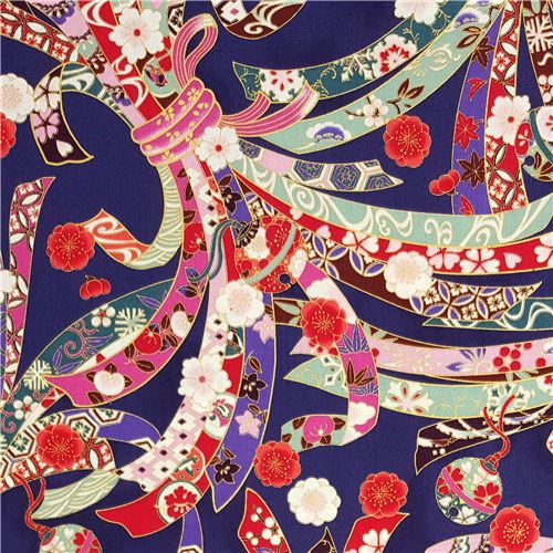 Tissu japonais Quilt Gate bleu marine avec des rubans et des décos or métallique Tissu