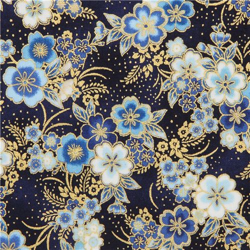 Tela azul marino de flores de cerezo y adornos dorados metálicos Robert Kaufman Tela