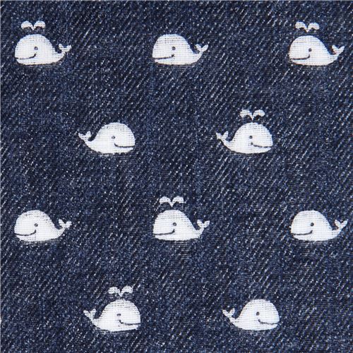 Marineblaue Double-Gauze im Denim-Stil mit weien Walen von Cosmo Stoff