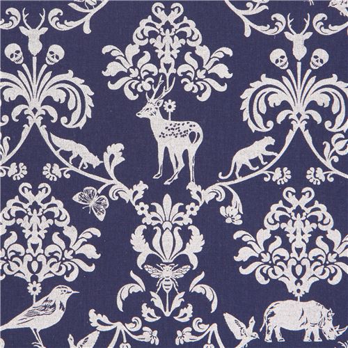 navy blue echino silver metallic animal leaf skull laminate fabric Fabric