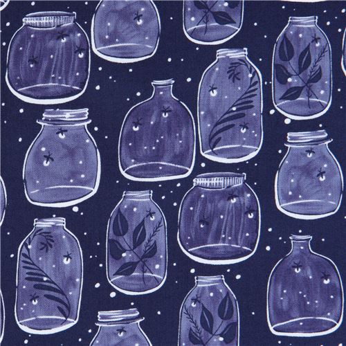 navy blue fabric jar small white dot insect leaf by Dear Stella USA Fabric