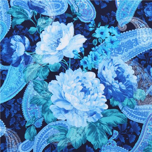 Tissu bleu marine avec des fleurs et des motifs cachemire par Timeless Treasures Tissu