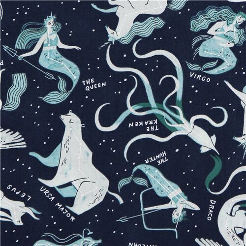 dunkelblau Weltraum Sternzeichen Pegasus Jungfrau Einhorn Stoff Dear Stella Stoff