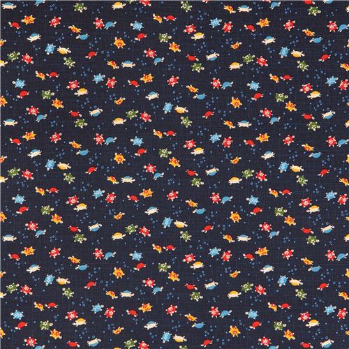 Chutes de tissu de 28 cm - Tissu structur� en coton bleu marine avec des tortues Kyoto 2