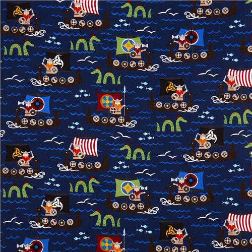 navy blue viking organic fabric with boat sea monster USA 2