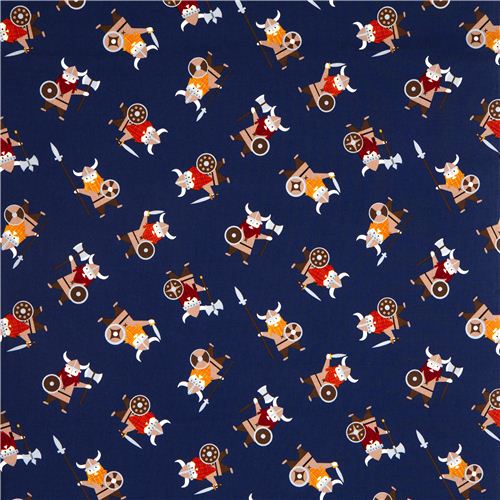 navy blue viking organic fabric with many vikings USA 2