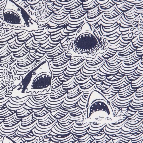 tessuto blu scuro bianco squali animali acqua onde Dear Stella USA Tessuto