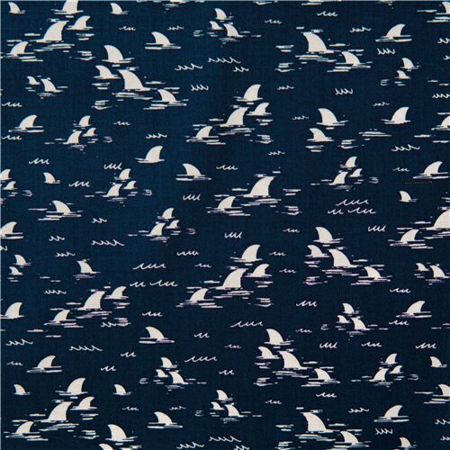 Tissu coton bleu marine Jaws cratures de l'ocan blanches Tissu
