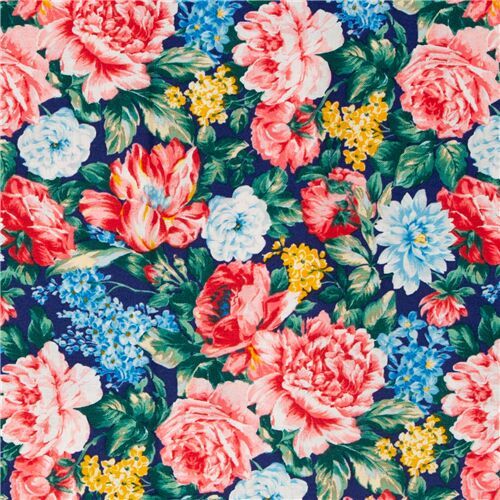 Tissu bleu marine roses multicolores peintes, dahlias, tulipes lilas Tissu