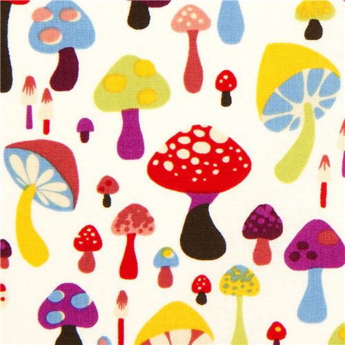 off-white Alexander Henry fabric with colourful mushrooms 1