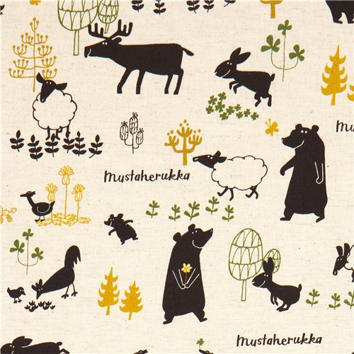 off-white Kokka Canvas fabric bear rabbit moose Japan 1