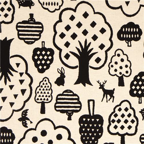 off-white Kokka Canvas fabric with tree rabbit deer 1