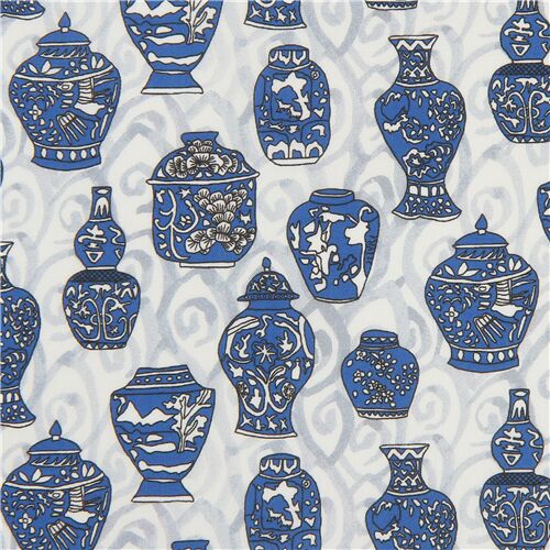 Tissu écru Tana Lawn en coton avec des vases bleus Tissu