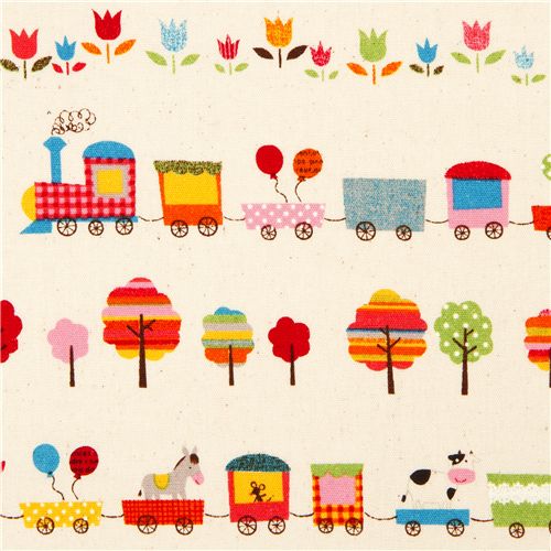 Tissu écru avec animaux du cirque, train, arbres fleurs Tissu