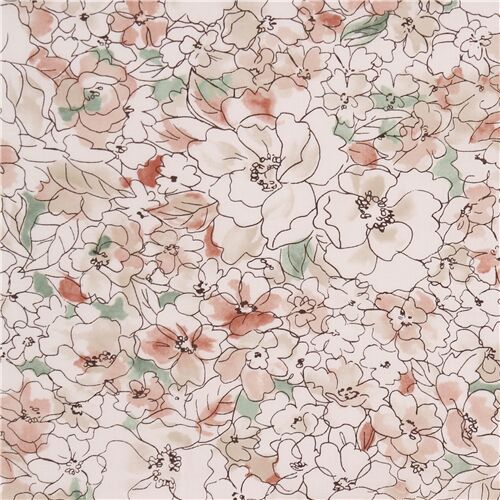 Tissu japonais linon en coton cru avec des fleurs couleur rose blush Tissu