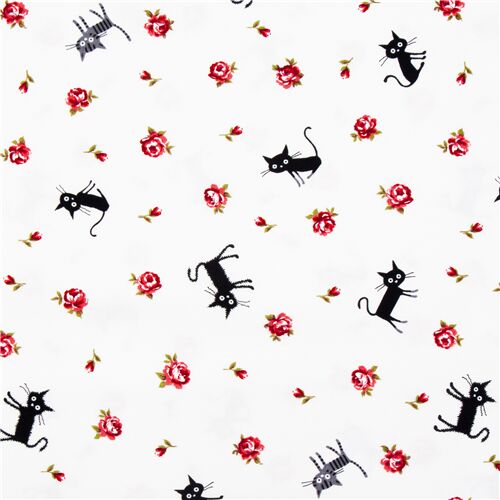 cremefarbener Katzen Tiere und Rosen Stoff CocoLand Stoff aus Japan Stoff