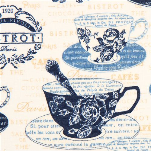 Tela blanco roto tazas caf Robert Kaufman Parisian Cafe Tela