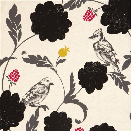 off-white echino laminate fabric Dahlia bird & flower Fabric