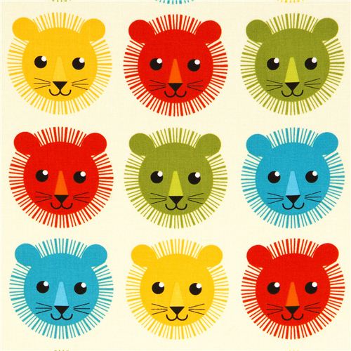 tessuto bianco sporco leoni colorati Robert Kaufman Tessuto