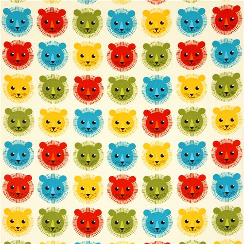 off-white fabric with colourful lions by Robert Kaufman 2