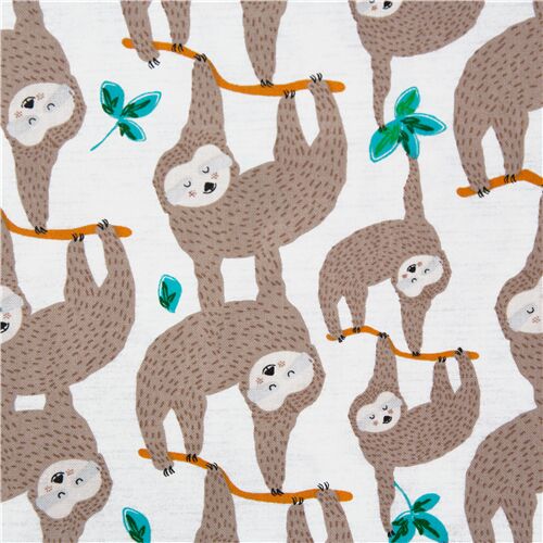 Tissu cru et gris clair avec des paresseux marron Tissu