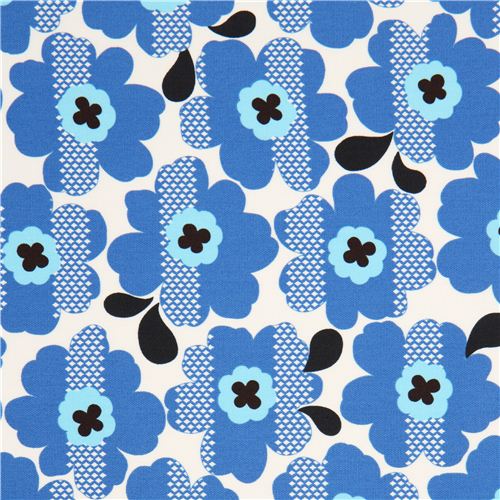 Tela oxford crudo con flores azules de Kokka, Japón Tela