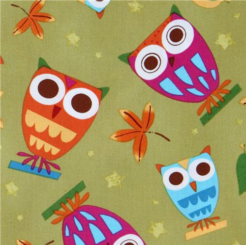 olive fabric cute owls Robert Kaufman On a Whim 1