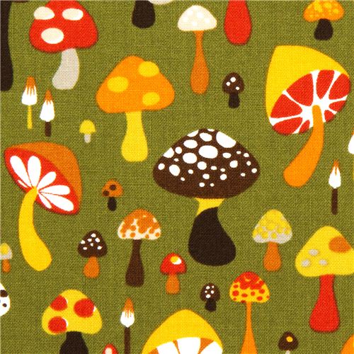 olive green Alexander Henry fabric with colourful mushrooms 1