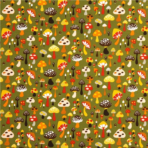 olive green Alexander Henry fabric with colourful mushrooms 2