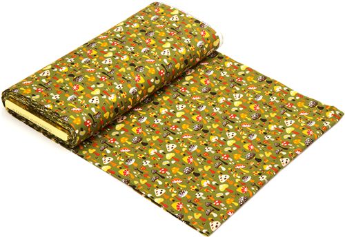 olive green Alexander Henry fabric with colourful mushrooms 3