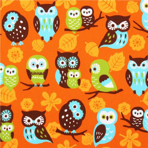 Tissu Oxford Cosmo orange avec des hiboux, des feuilles, des glands Tissu