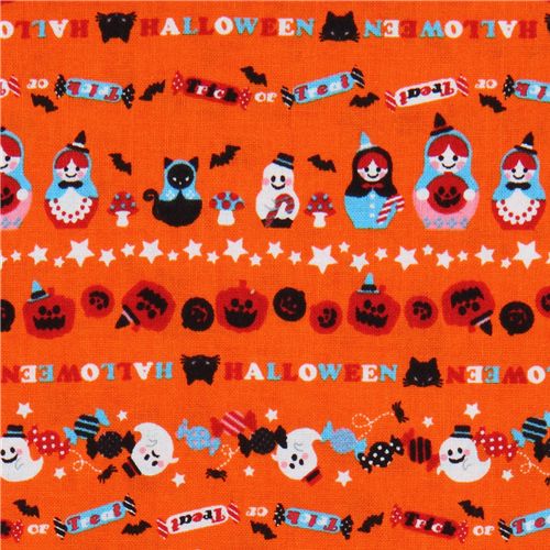 Tessuto Halloween arancioni con matrioske, streghe e gatti Tessuto
