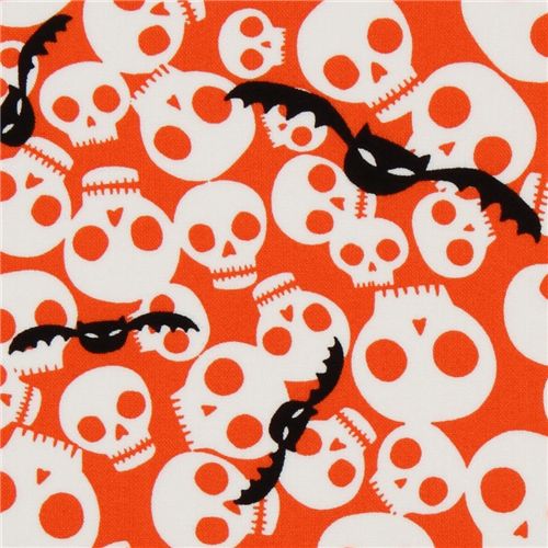 orange Halloween fabric skulls bats 1