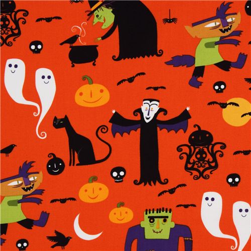 orange Halloween fabric witch Frankenstein Dracula 1