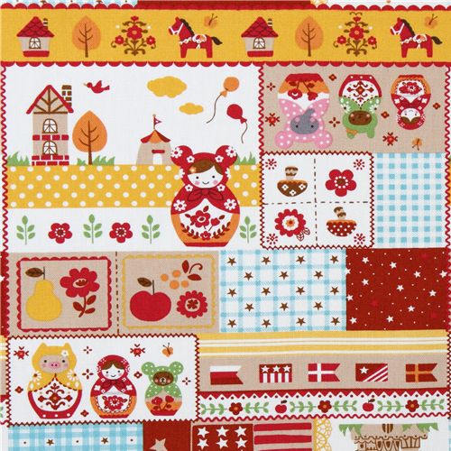 orange animals matryoshkas Kokka oxford fabric Japan Tela