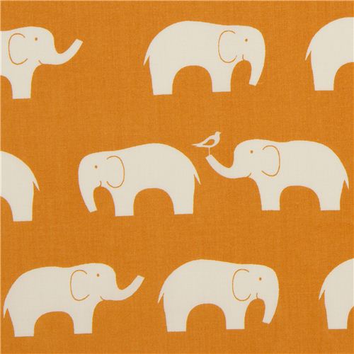 Tissu bio orange Birch avec des éléphants blancs Tissu