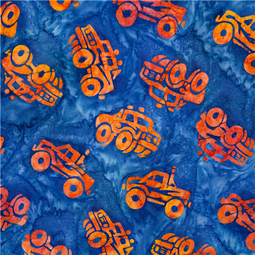 orange Monstertrucks blauer Batik Baumwollstoff USA Stoff