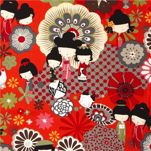 orange roter japanische Kokeshi Puppen Stoff Alexander Henry 1
